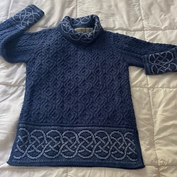 Aran Sweater Market Blue Marl Size M Jacquard 100% Merino  Wool Ireland Rollneck - Picture 3 of 6
